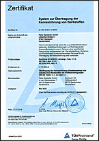 Zertifikat System zur Übertragung der Kennzeichnung von Werkstoffen